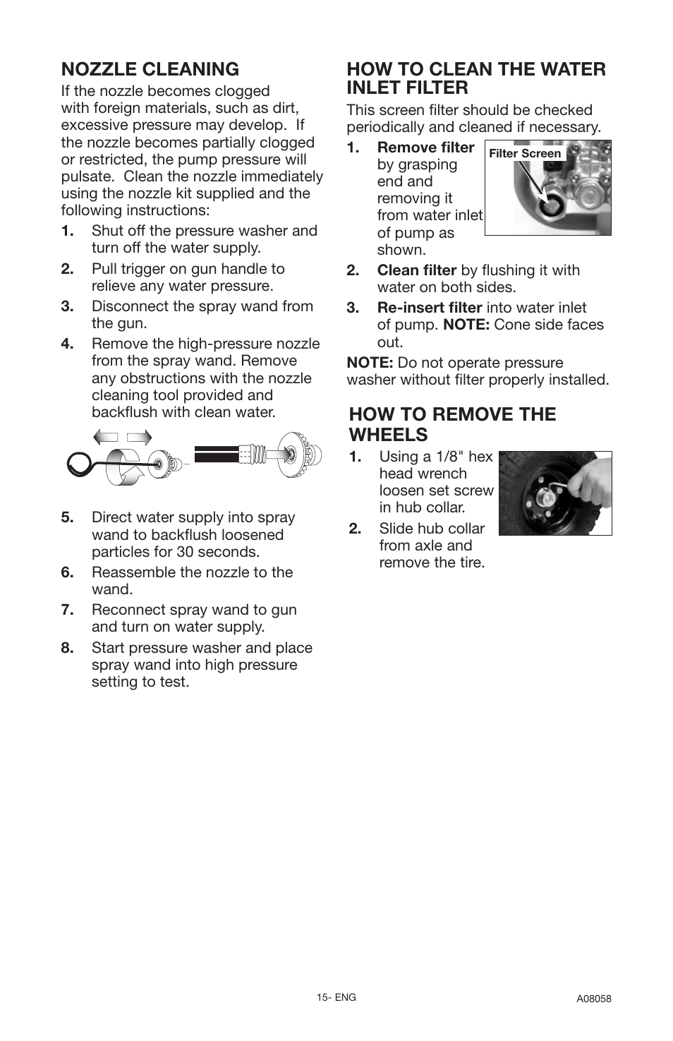Nozzle cleaning, How to clean the water inlet filter, How to remove the wheels | Porter-Cable PCH3740 User Manual | Page 15 / 20