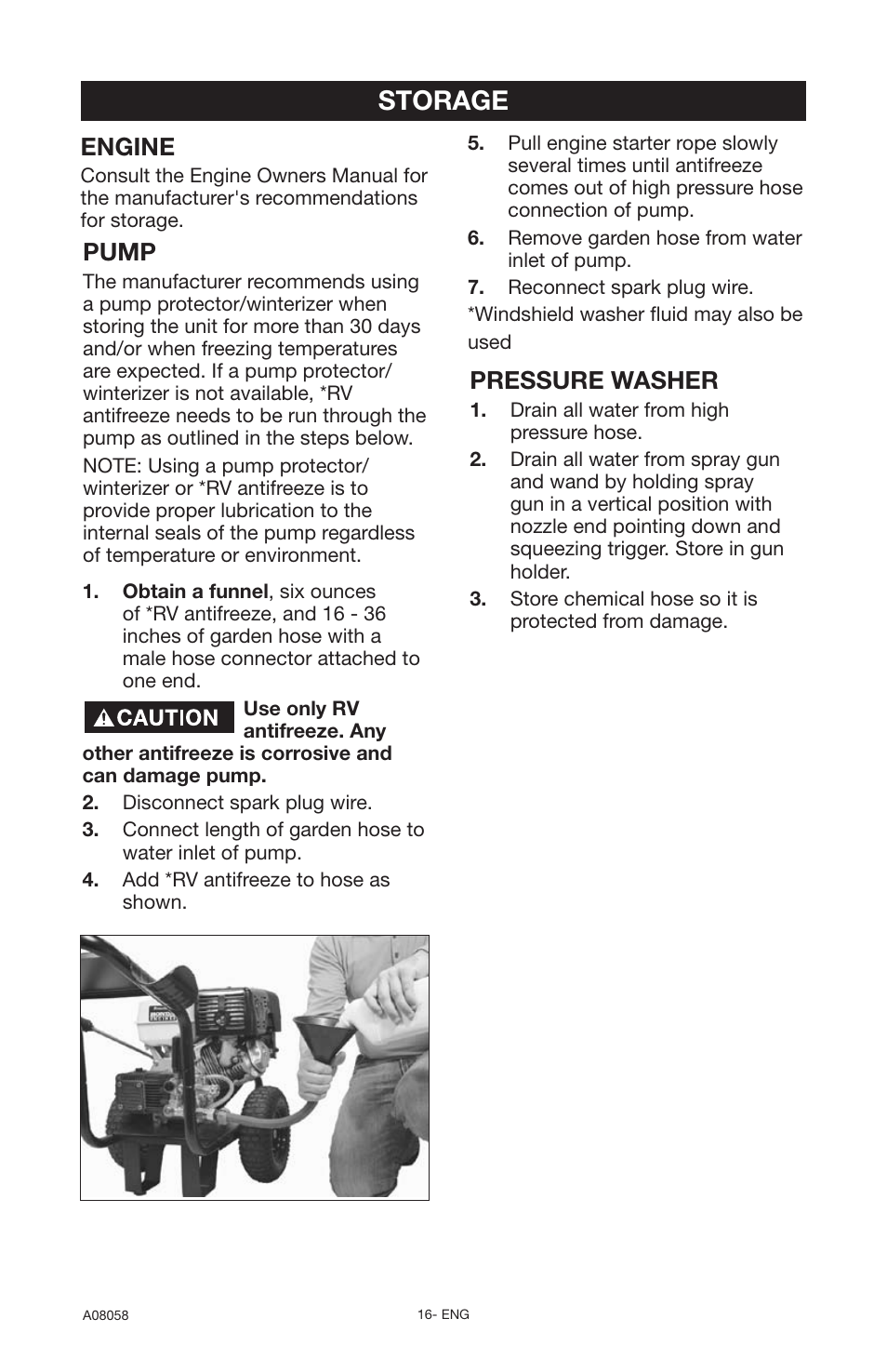 Storage, Engine, Pressure washer | Pump | Porter-Cable PCH3740 User Manual | Page 16 / 20