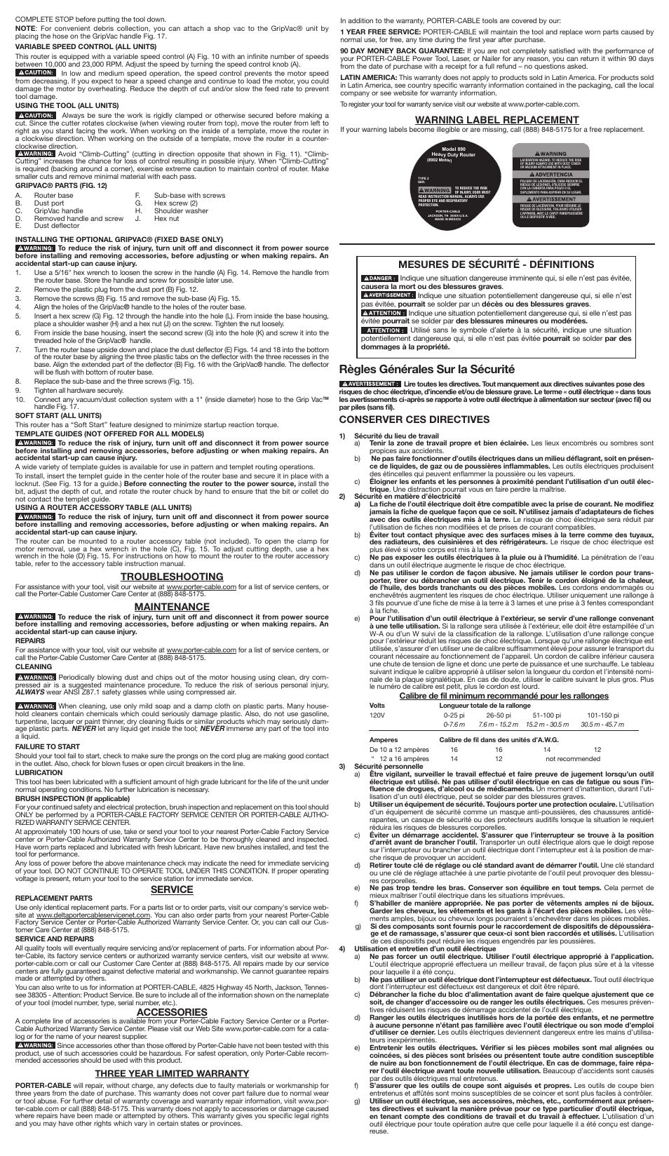 Règles générales sur la sécurité, Mesures de sécurité - définitions, Conserver ces directives | Troubleshooting, Maintenance, Service, Accessories, Warning label replacement | Porter-Cable A25288 User Manual | Page 3 / 7