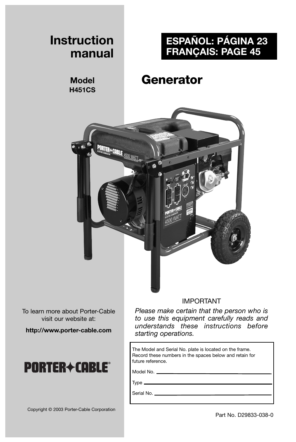 Porter-Cable D29833-038-0 User Manual | 68 pages