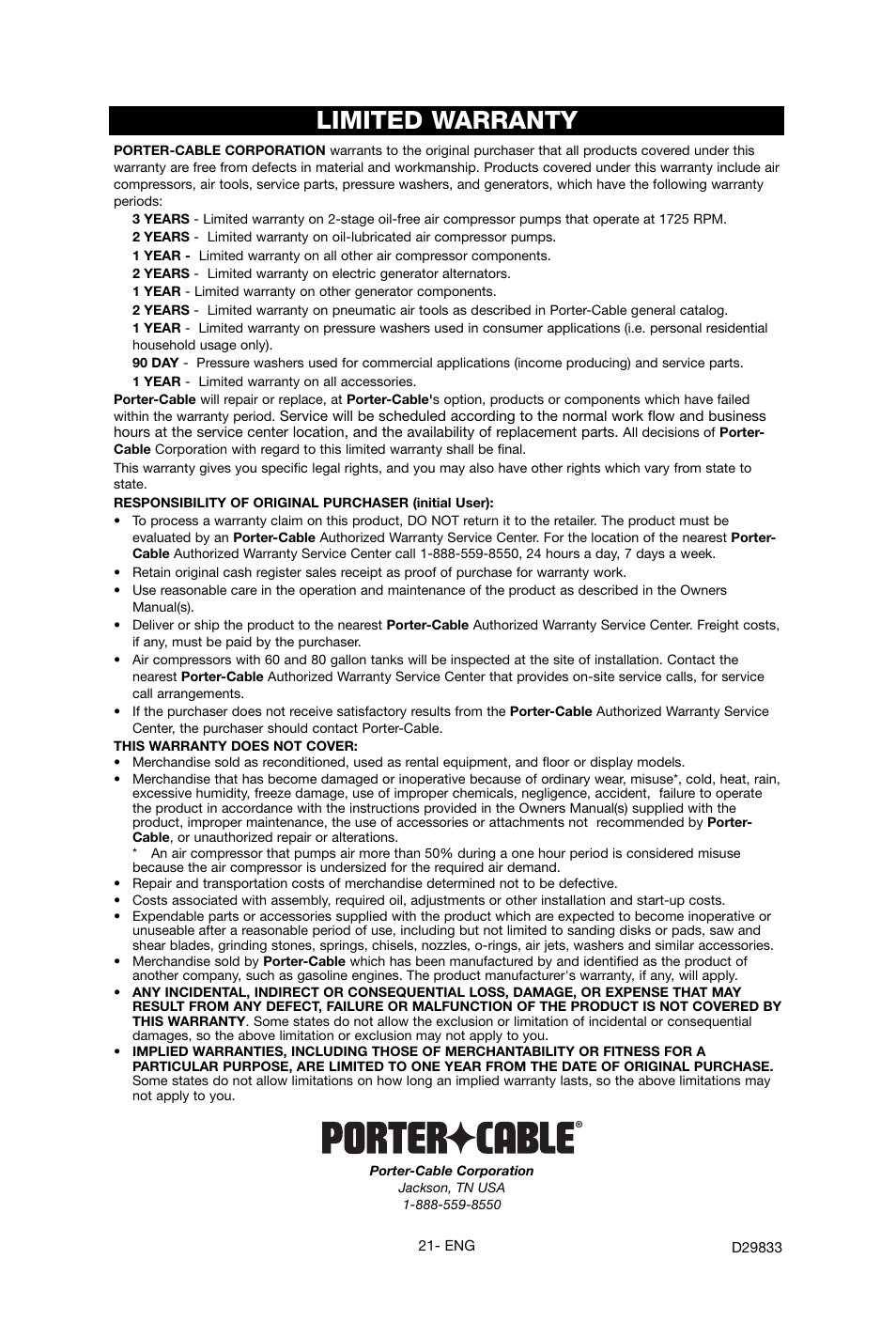 Limited warranty | Porter-Cable D29833-038-0 User Manual | Page 21 / 68