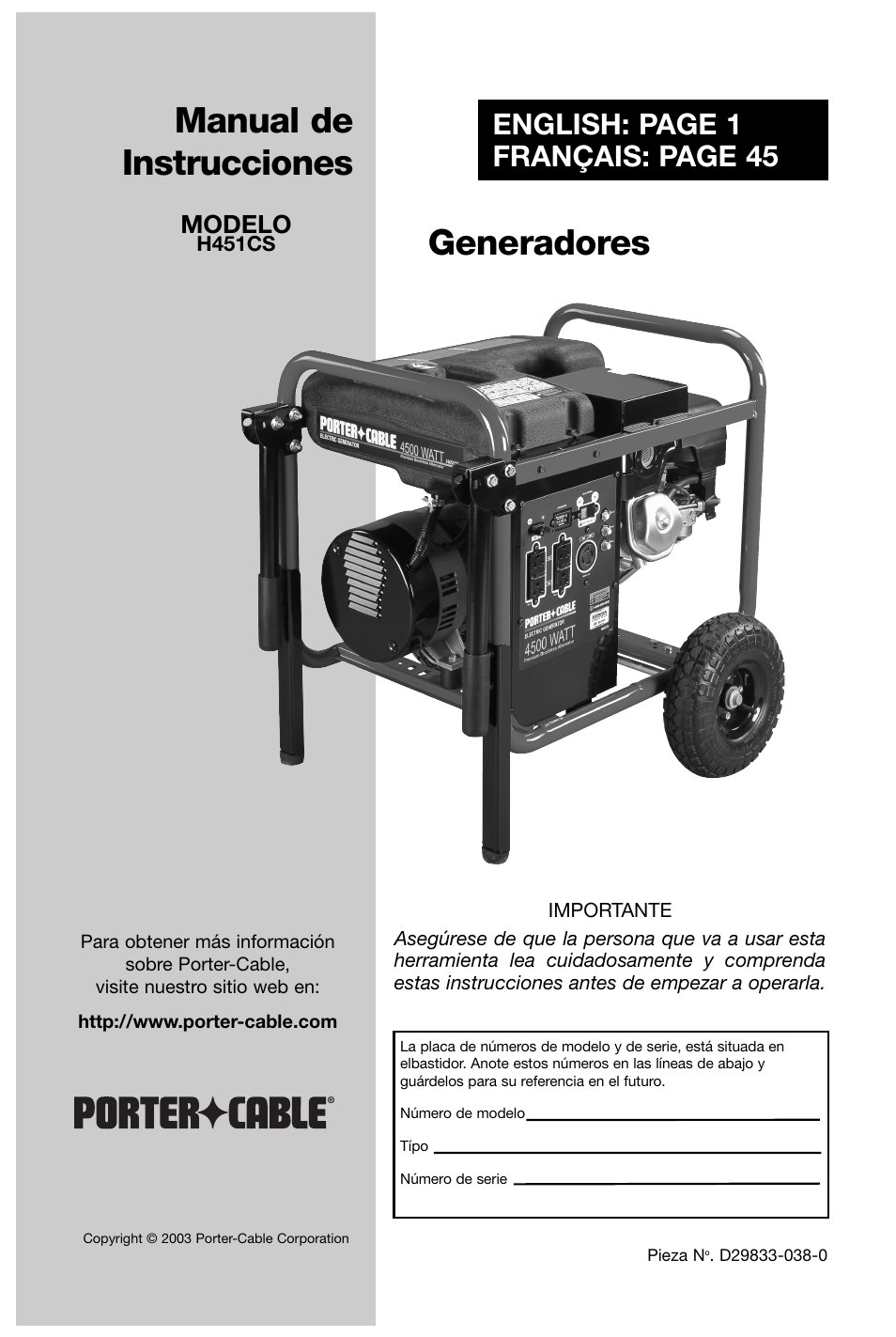 Manual de instrucciones, Generadores, English: page 1 français: page 45 | Modelo | Porter-Cable D29833-038-0 User Manual | Page 23 / 68