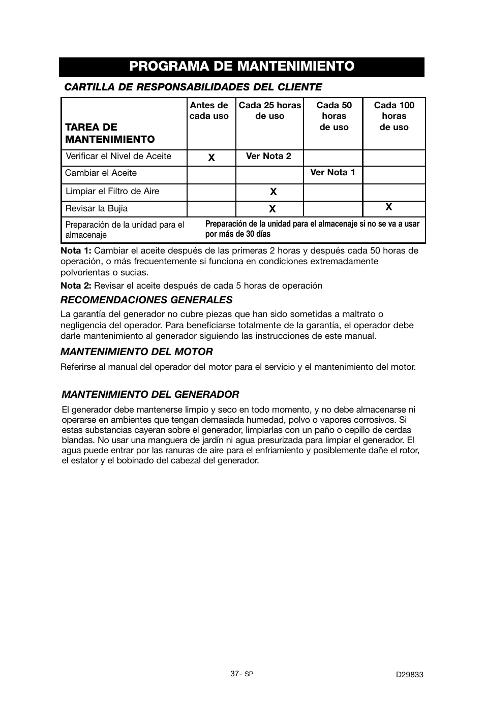 Programa de mantenimiento | Porter-Cable D29833-038-0 User Manual | Page 37 / 68