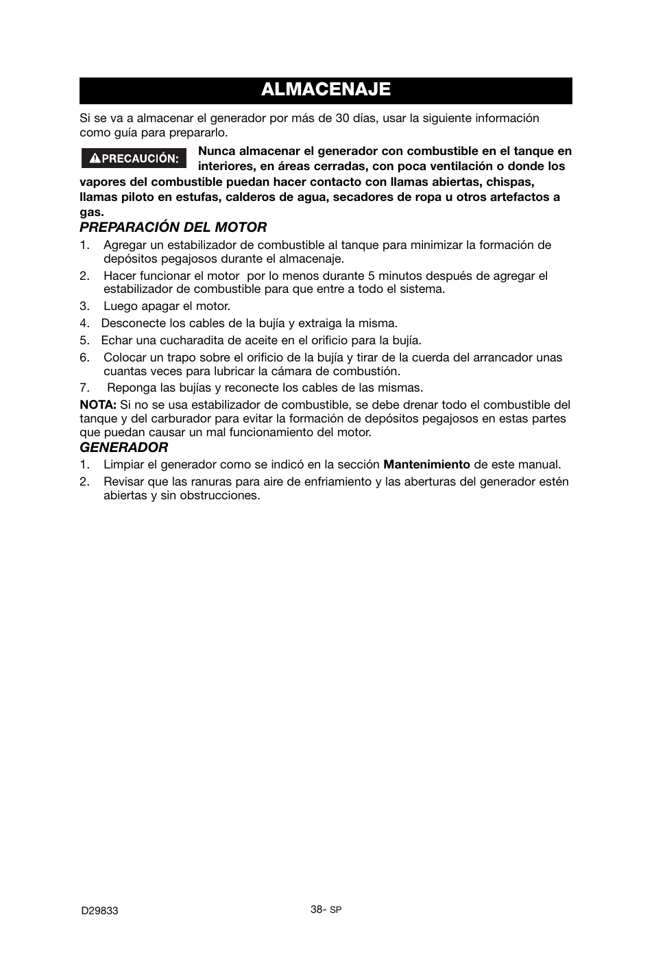 Almacenaje | Porter-Cable D29833-038-0 User Manual | Page 38 / 68