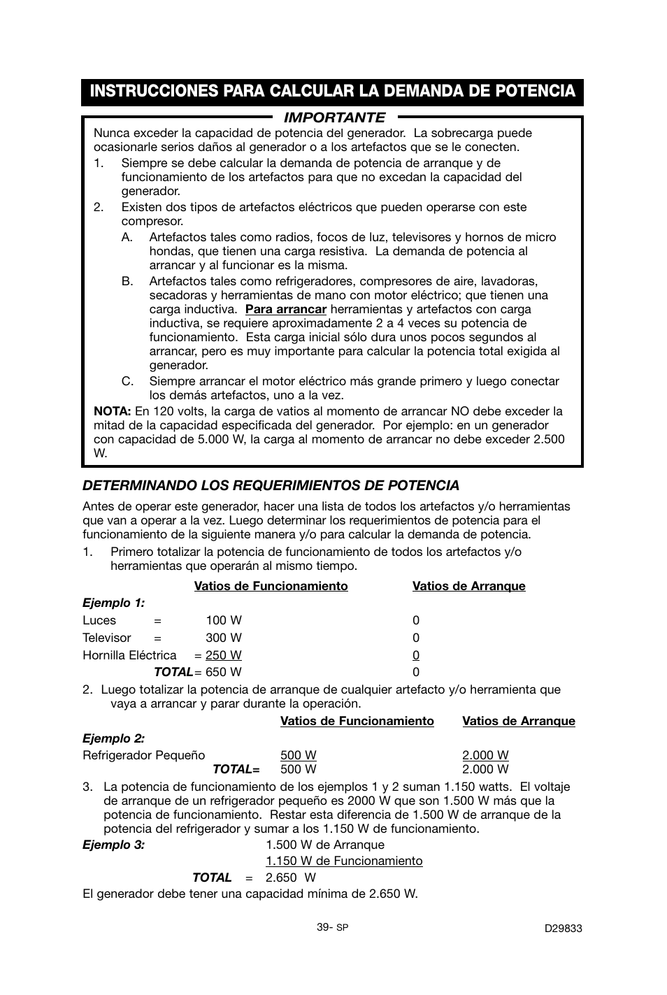 Instrucciones para calcular la demanda de potencia | Porter-Cable D29833-038-0 User Manual | Page 39 / 68