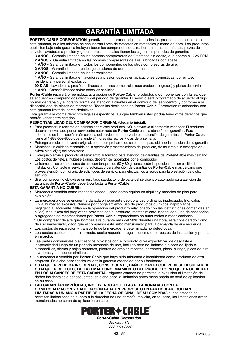 Garantía limitada | Porter-Cable D29833-038-0 User Manual | Page 43 / 68