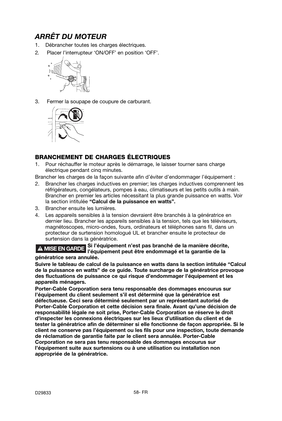Arrêt du moteur | Porter-Cable D29833-038-0 User Manual | Page 58 / 68