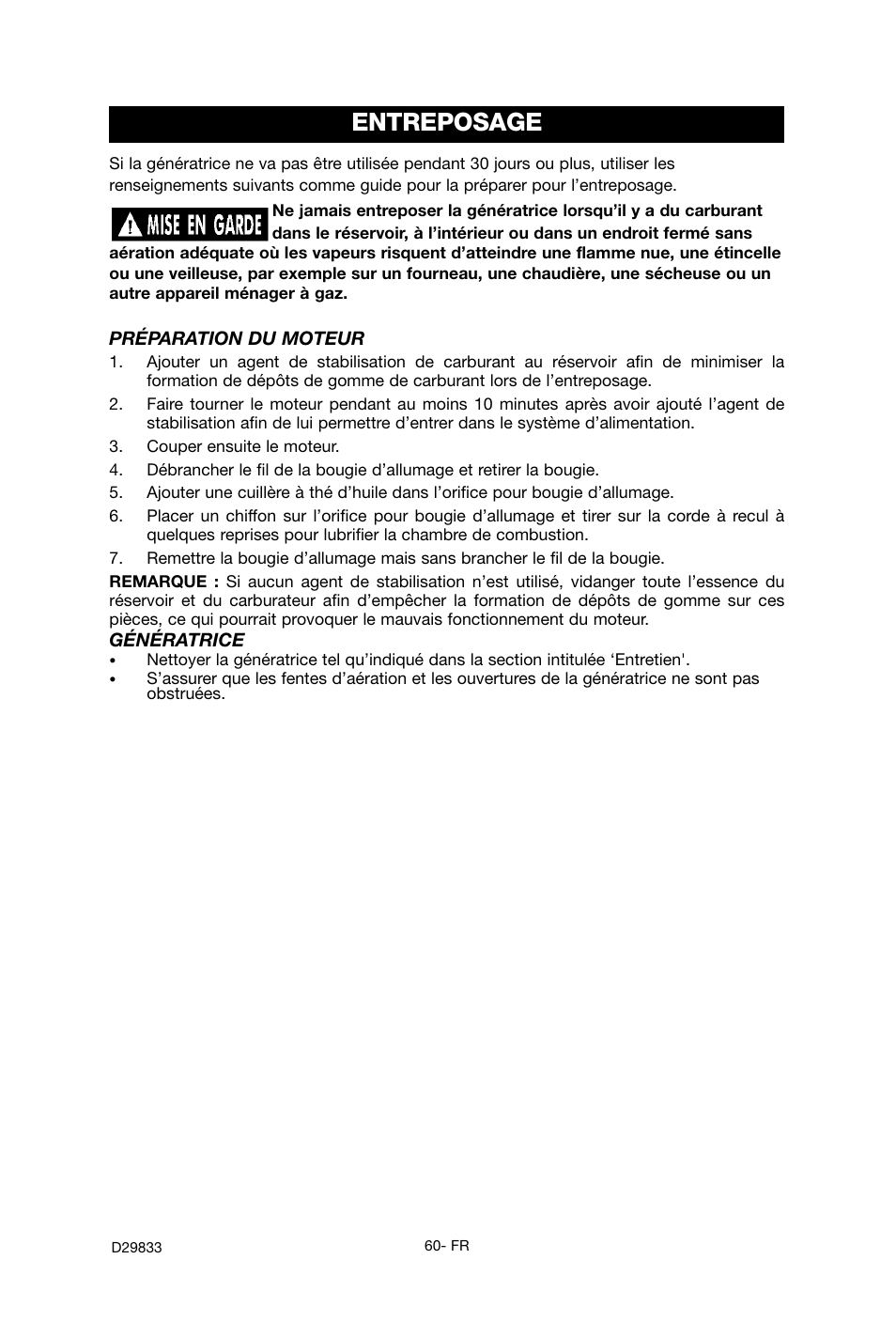Entreposage | Porter-Cable D29833-038-0 User Manual | Page 60 / 68