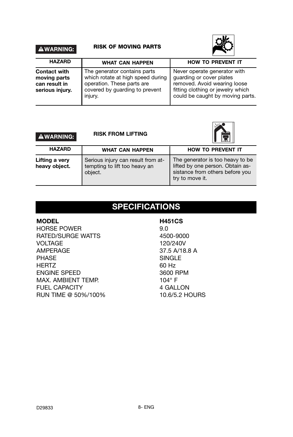 Specifications | Porter-Cable D29833-038-0 User Manual | Page 8 / 68