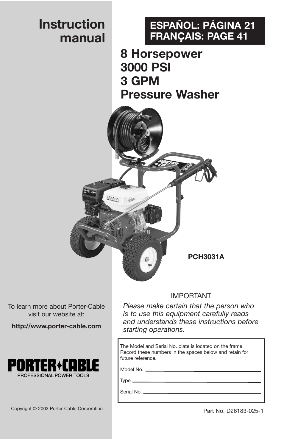 Porter-Cable D26183-025-1 User Manual | 20 pages