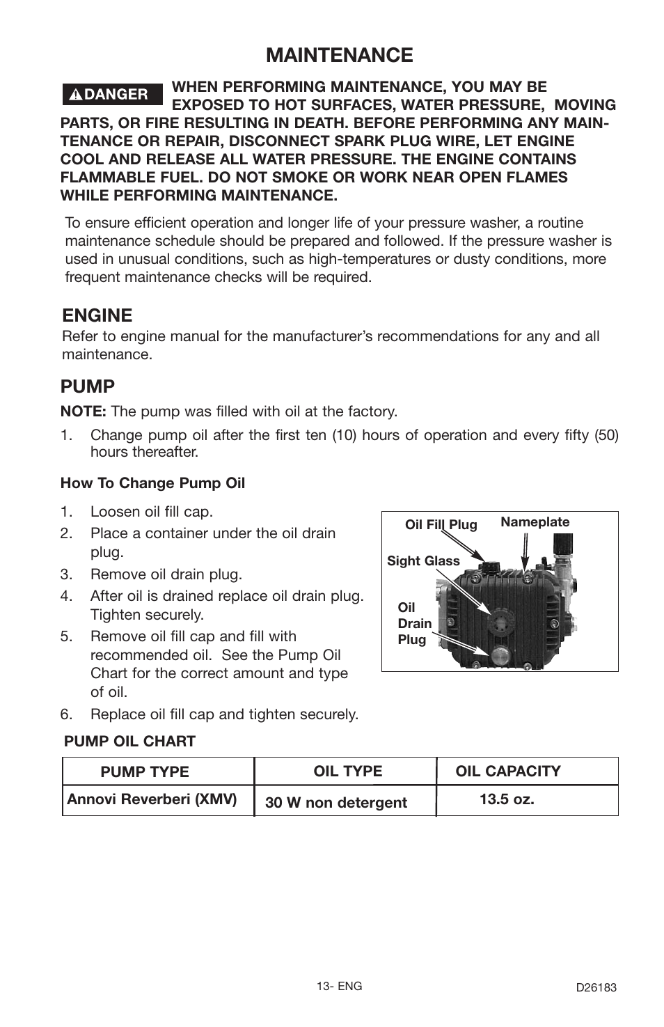 Maintenance, Pump, Engine | Porter-Cable D26183-025-1 User Manual | Page 13 / 20