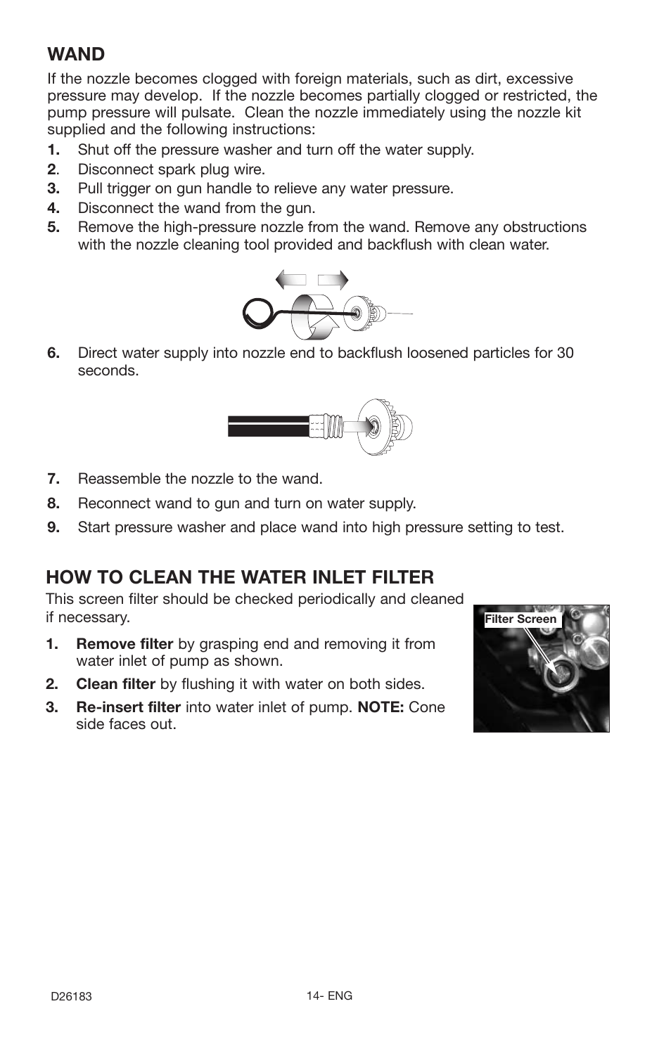 How to clean the water inlet filter, Wand | Porter-Cable D26183-025-1 User Manual | Page 14 / 20