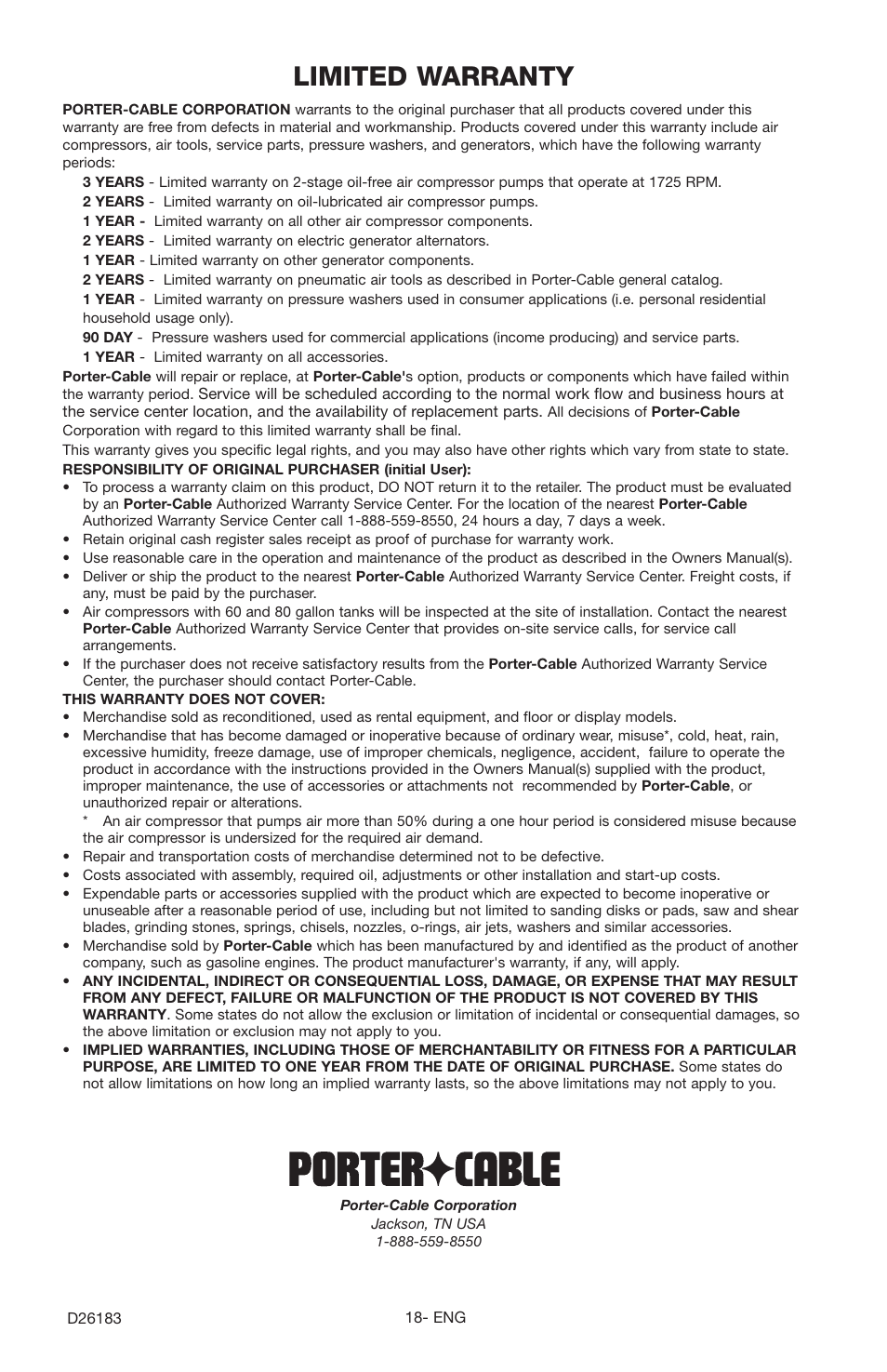 Limited warranty | Porter-Cable D26183-025-1 User Manual | Page 18 / 20