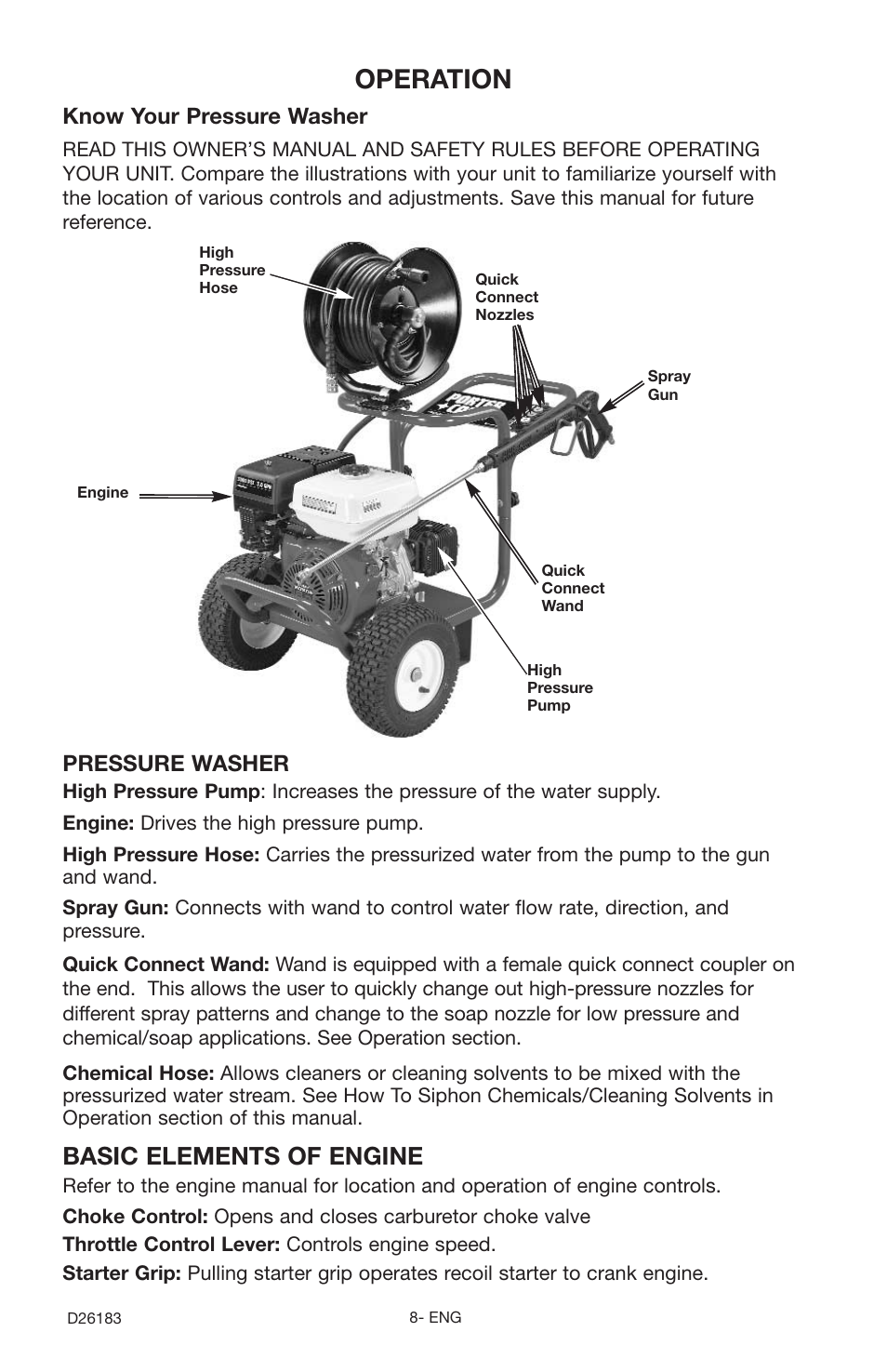 Operation, Basic elements of engine, Pressure washer | Know your pressure washer | Porter-Cable D26183-025-1 User Manual | Page 8 / 20