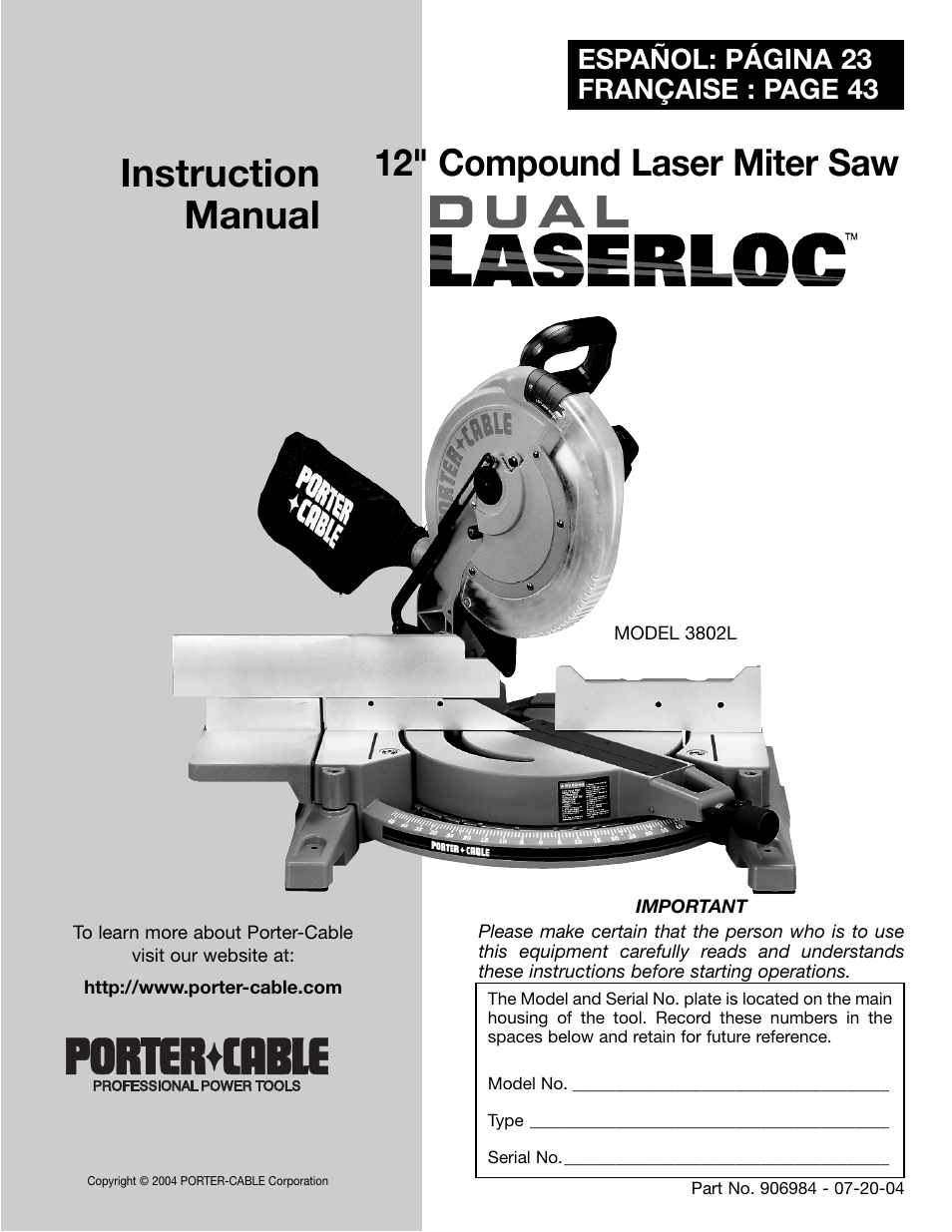 Porter-Cable 3802L User Manual | 23 pages