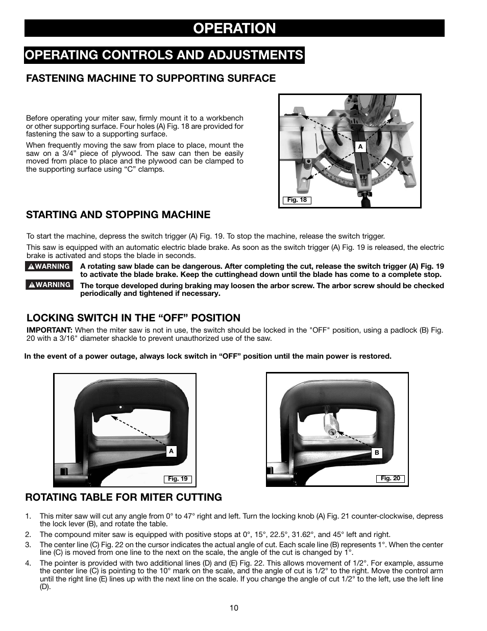 Operation, Operating controls and adjustments, Rotating table for miter cutting | Locking switch in the “off” position, Starting and stopping machine, Fastening machine to supporting surface | Porter-Cable 3802L User Manual | Page 10 / 23