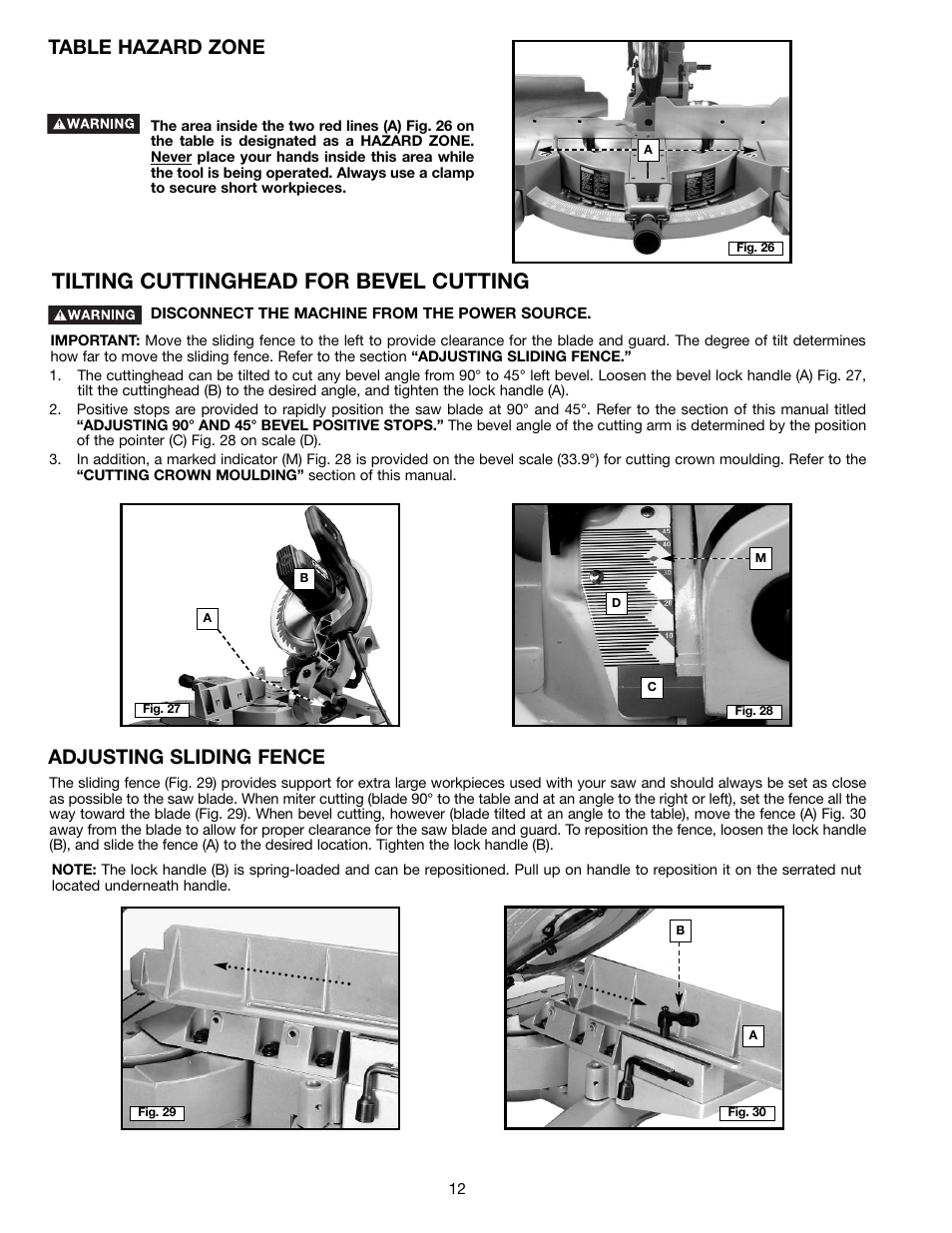 Tilting cuttinghead for bevel cutting, Adjusting sliding fence, Table hazard zone | Porter-Cable 3802L User Manual | Page 12 / 23