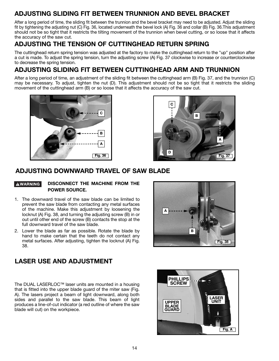 Adjusting the tension of cuttinghead return spring, Adjusting downward travel of saw blade, Laser use and adjustment | Porter-Cable 3802L User Manual | Page 14 / 23