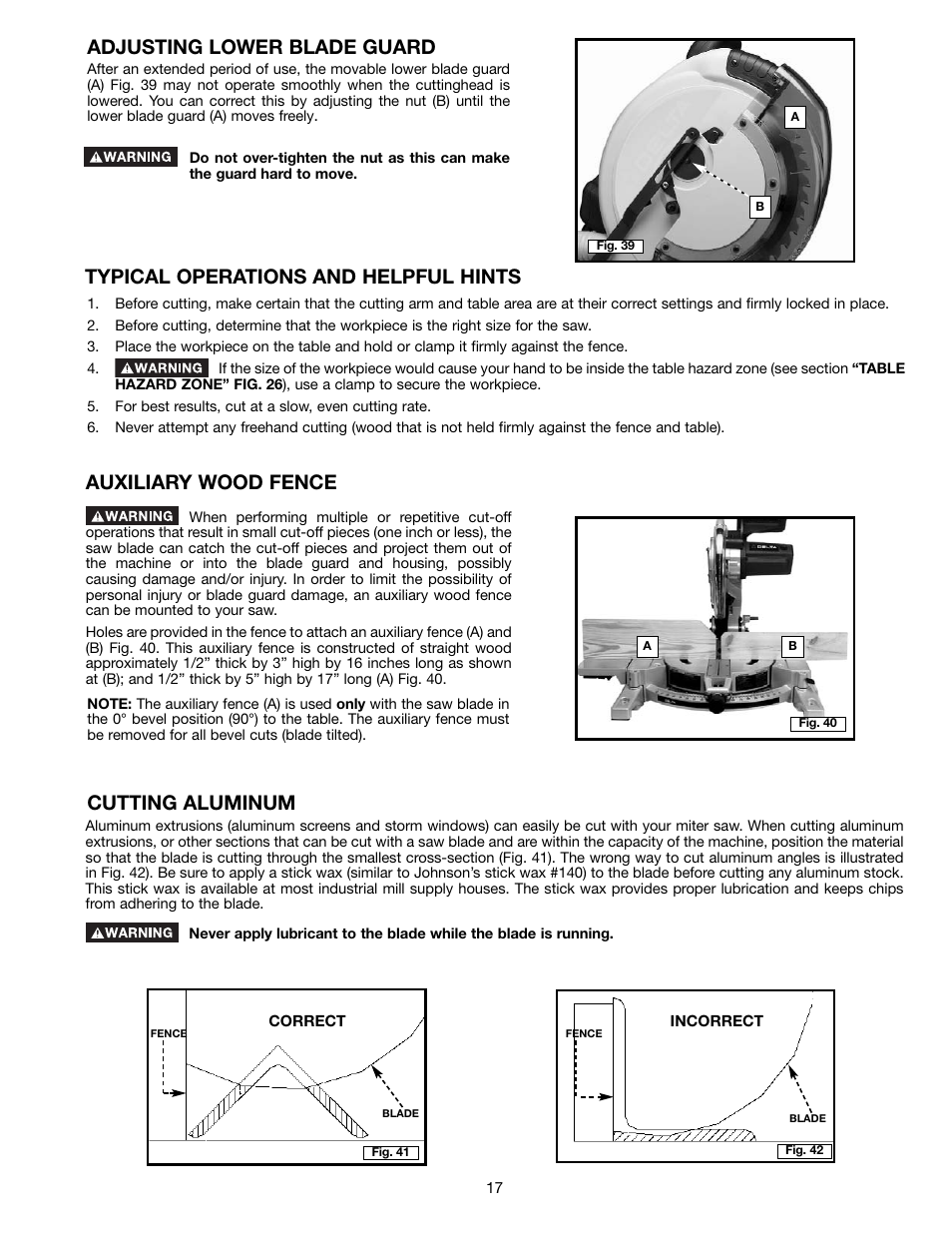 Auxiliary wood fence, Adjusting lower blade guard, Typical operations and helpful hints | Cutting aluminum | Porter-Cable 3802L User Manual | Page 17 / 23