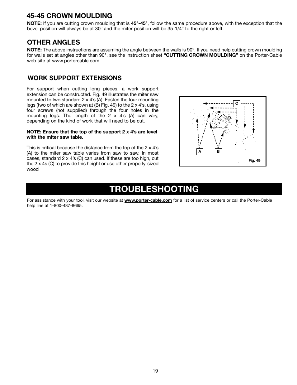 Troubleshooting, 45 crown moulding, Other angles | Work support extensions | Porter-Cable 3802L User Manual | Page 19 / 23