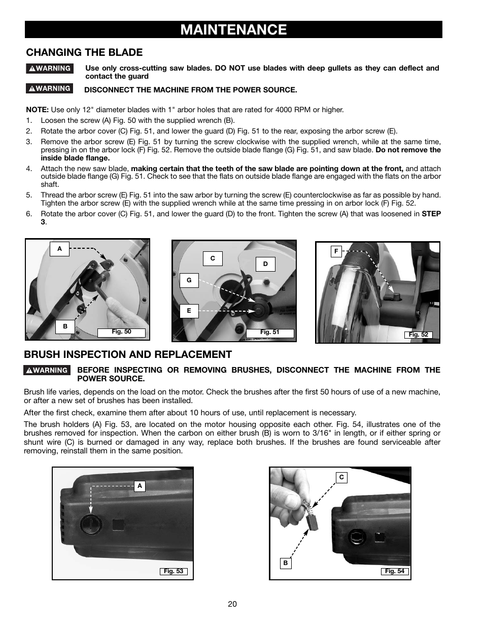 Maintenance, Brush inspection and replacement, Changing the blade | Porter-Cable 3802L User Manual | Page 20 / 23