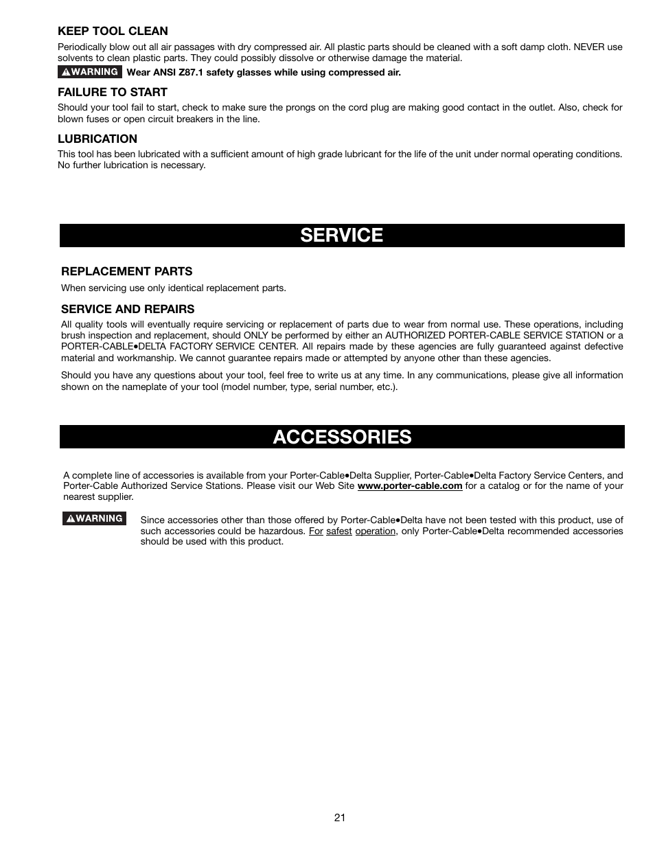 Service, Accessories | Porter-Cable 3802L User Manual | Page 21 / 23