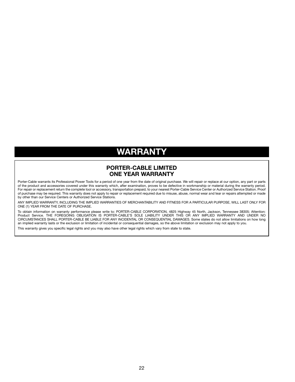 Warranty | Porter-Cable 3802L User Manual | Page 22 / 23