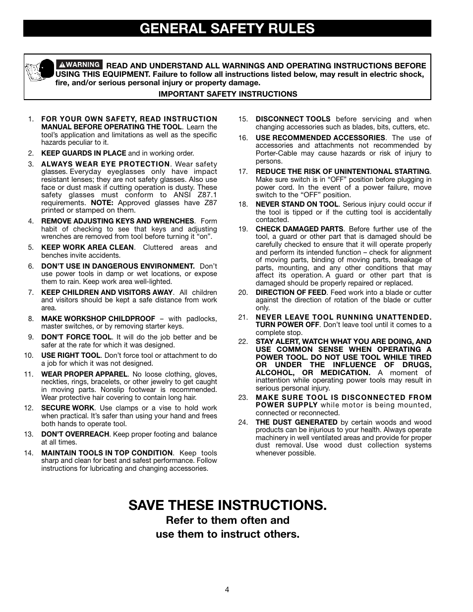 General safety rules, Save these instructions | Porter-Cable 3802L User Manual | Page 4 / 23