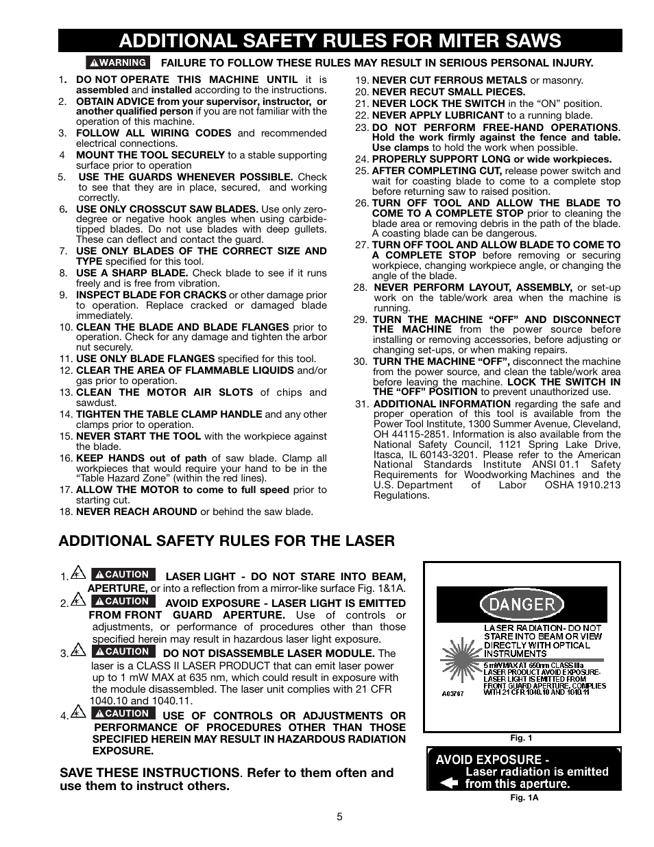 Additional safety rules for miter saws, Additional safety rules for the laser | Porter-Cable 3802L User Manual | Page 5 / 23