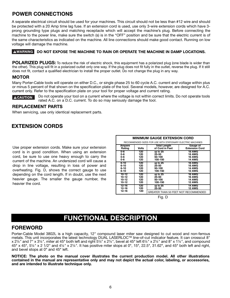 Functional description, Power connections, Foreword | Extension cords, Polarized plugs, Motor, Replacement parts | Porter-Cable 3802L User Manual | Page 6 / 23