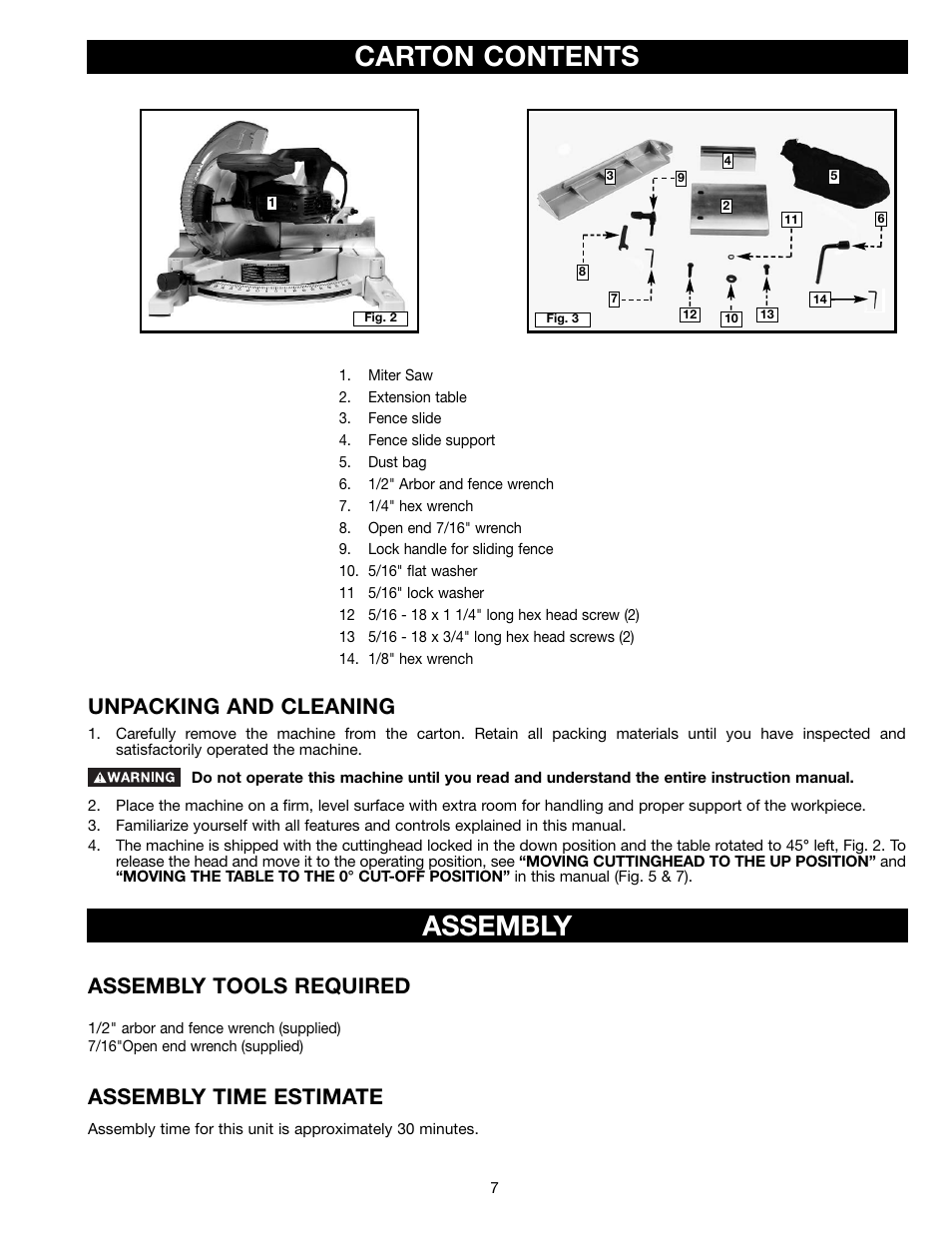 Carton contents, Assembly, Unpacking and cleaning | Assembly tools required assembly time estimate | Porter-Cable 3802L User Manual | Page 7 / 23