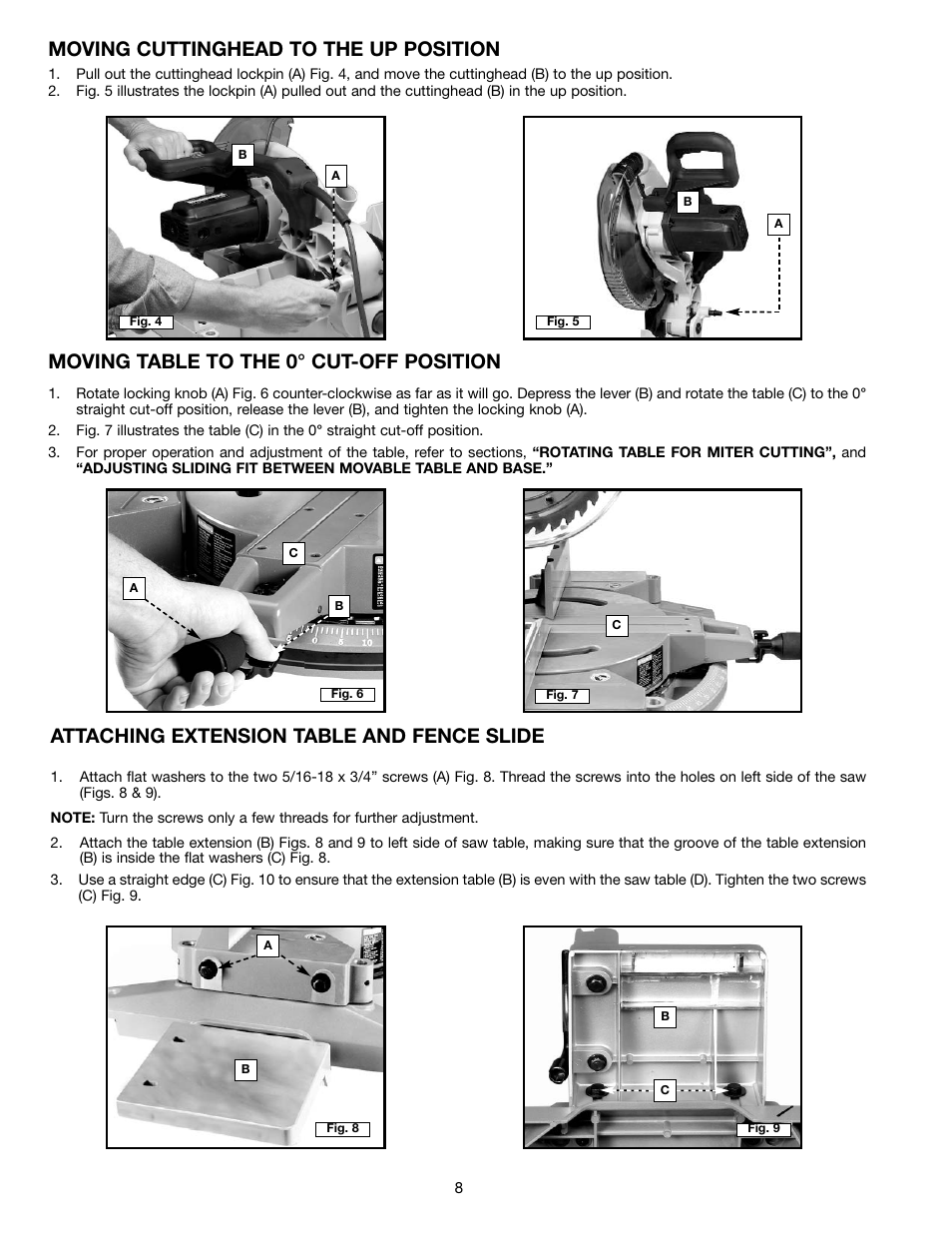 Moving cuttinghead to the up position, Moving table to the 0° cut-off position, Attaching extension table and fence slide | Porter-Cable 3802L User Manual | Page 8 / 23