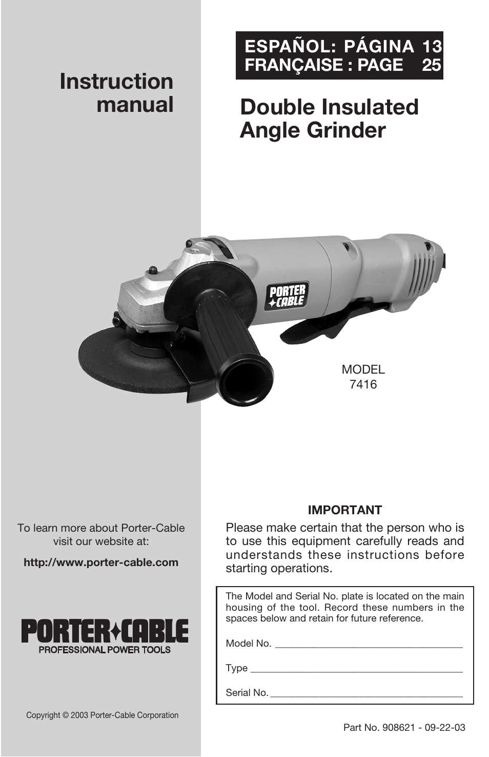 Porter-Cable 7416 User Manual | 36 pages