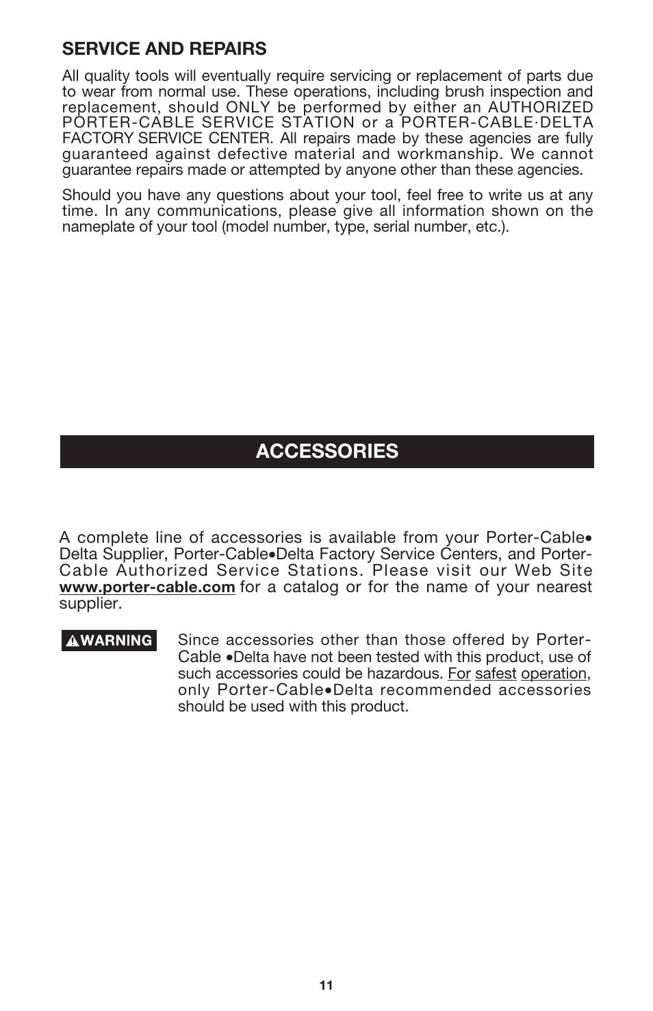 Accessories | Porter-Cable 7416 User Manual | Page 11 / 36