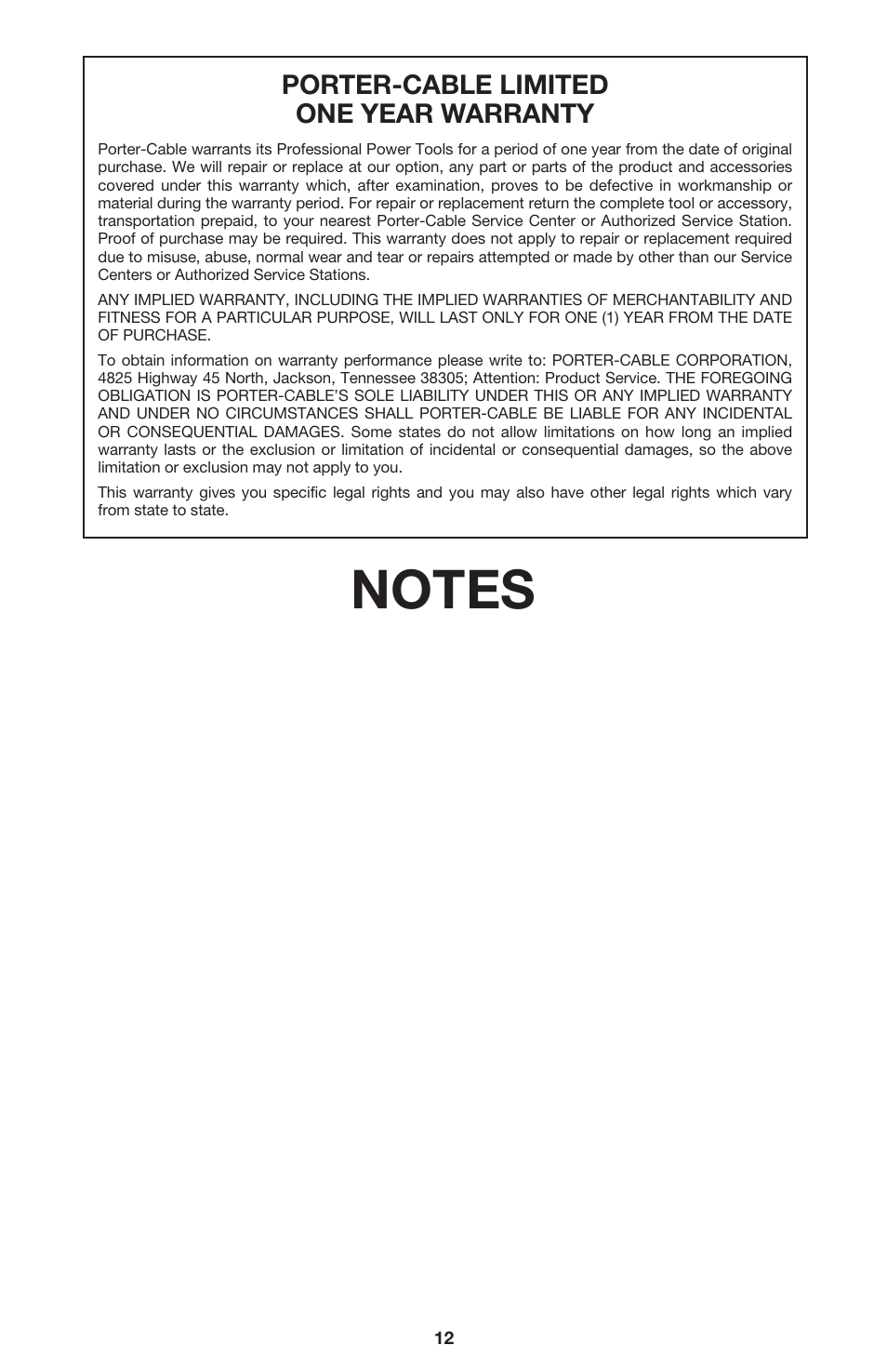 Porter-cable limited one year warranty | Porter-Cable 7416 User Manual | Page 12 / 36