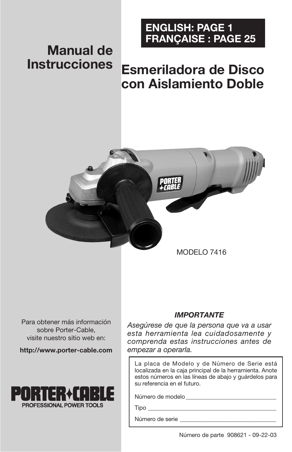 Manual de instrucciones, Esmeriladora de disco con aislamiento doble, English: page 1 française : page 25 | Porter-Cable 7416 User Manual | Page 13 / 36