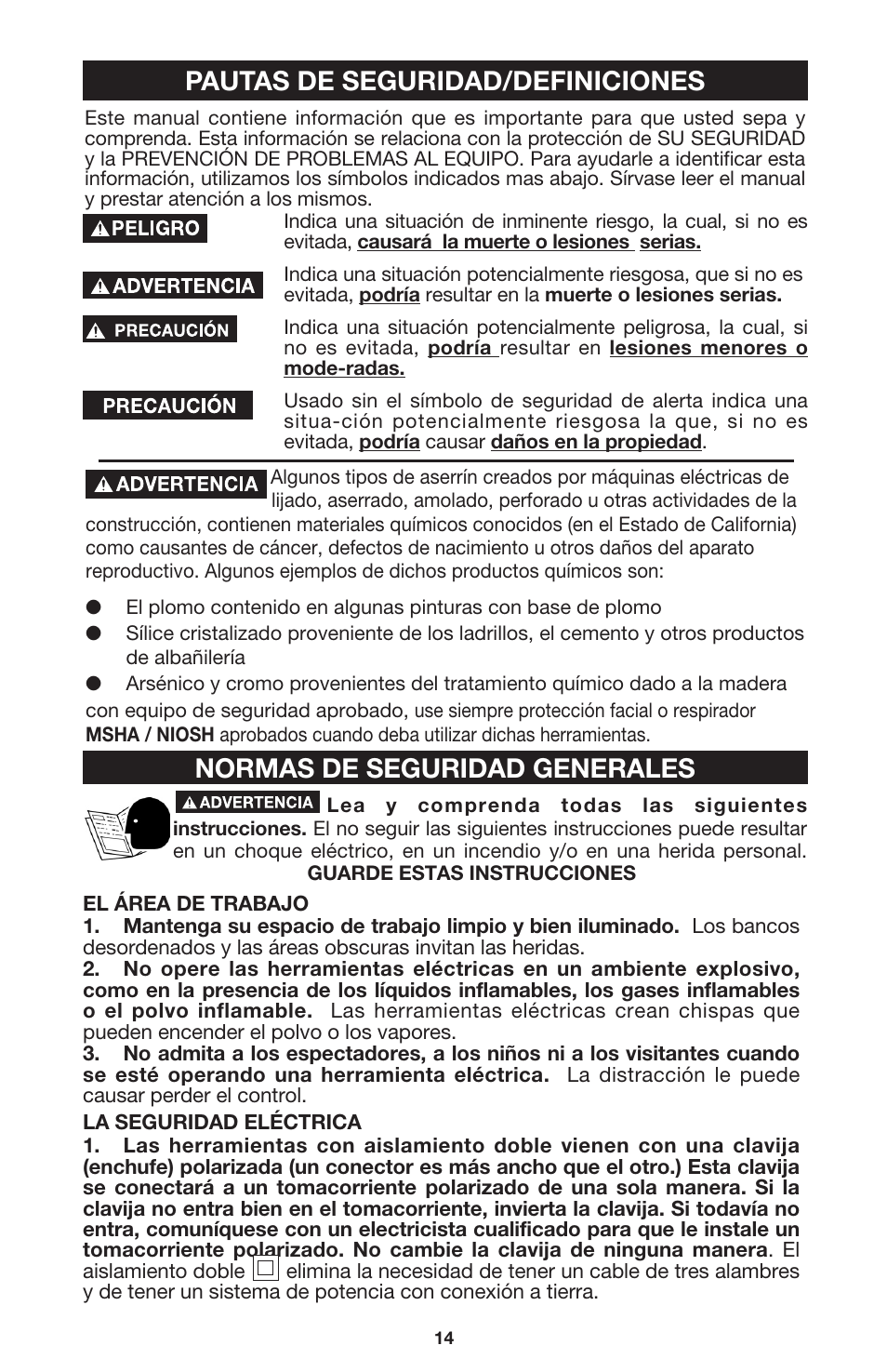 Pautas de seguridad/definiciones, Normas de seguridad generales | Porter-Cable 7416 User Manual | Page 14 / 36