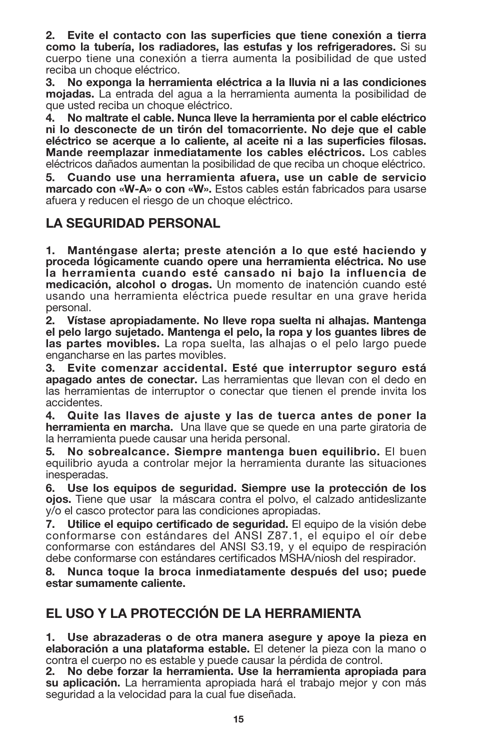 La seguridad personal, El uso y la protección de la herramienta | Porter-Cable 7416 User Manual | Page 15 / 36