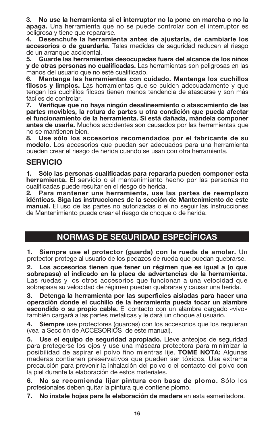 Normas de seguridad específicas, Servicio | Porter-Cable 7416 User Manual | Page 16 / 36