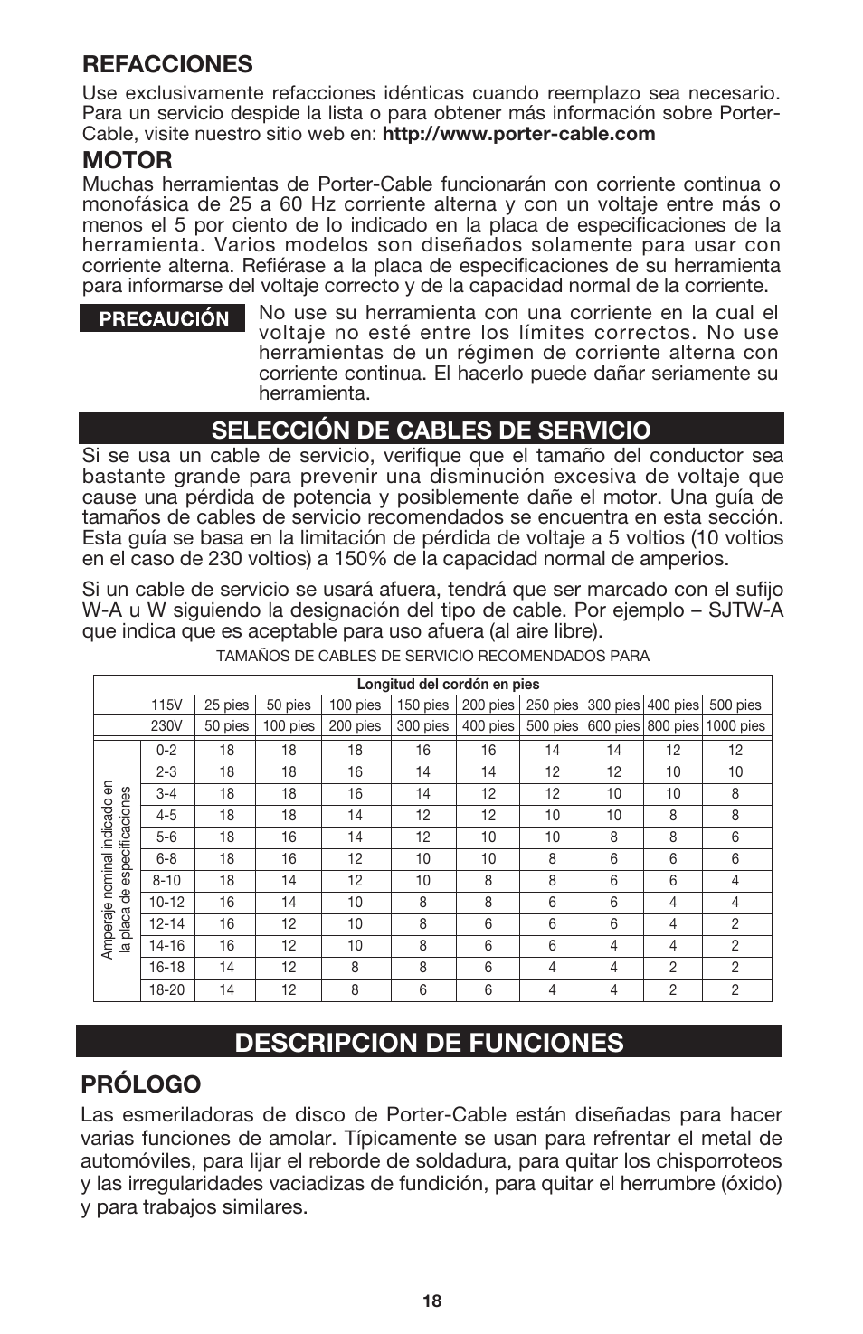 Descripcion de funciones, Refacciones, Motor | Selección de cables de servicio, Prólogo | Porter-Cable 7416 User Manual | Page 18 / 36
