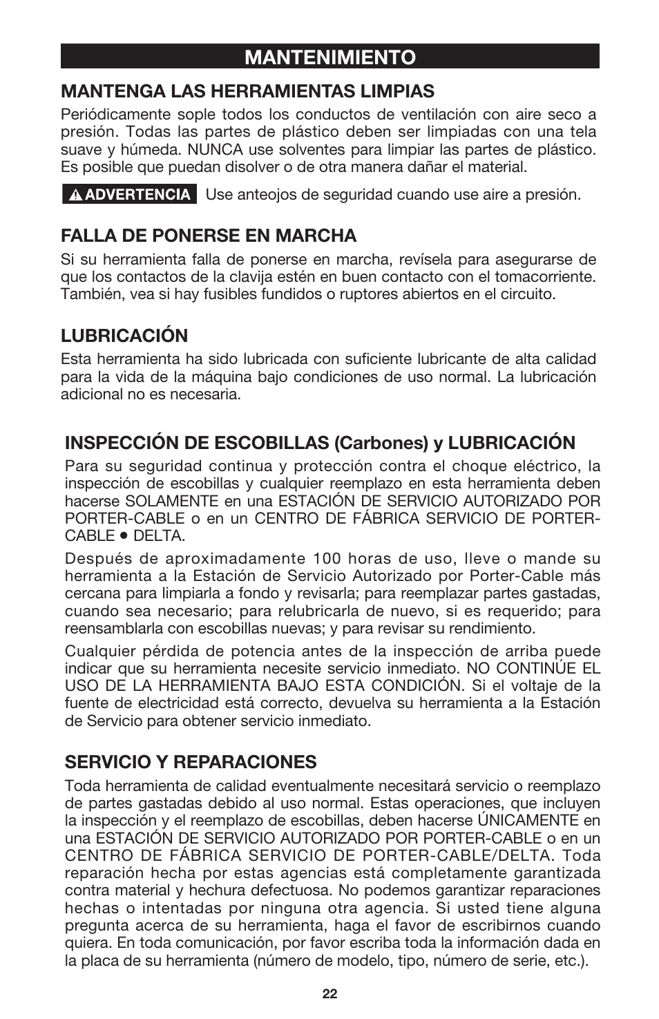 Mantenimiento | Porter-Cable 7416 User Manual | Page 22 / 36