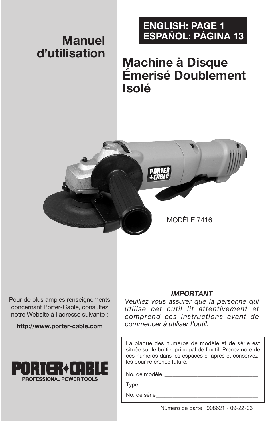 Manuel d’utilisation, Machine à disque émerisé doublement isolé, English: page 1 español: página 13 | Porter-Cable 7416 User Manual | Page 25 / 36