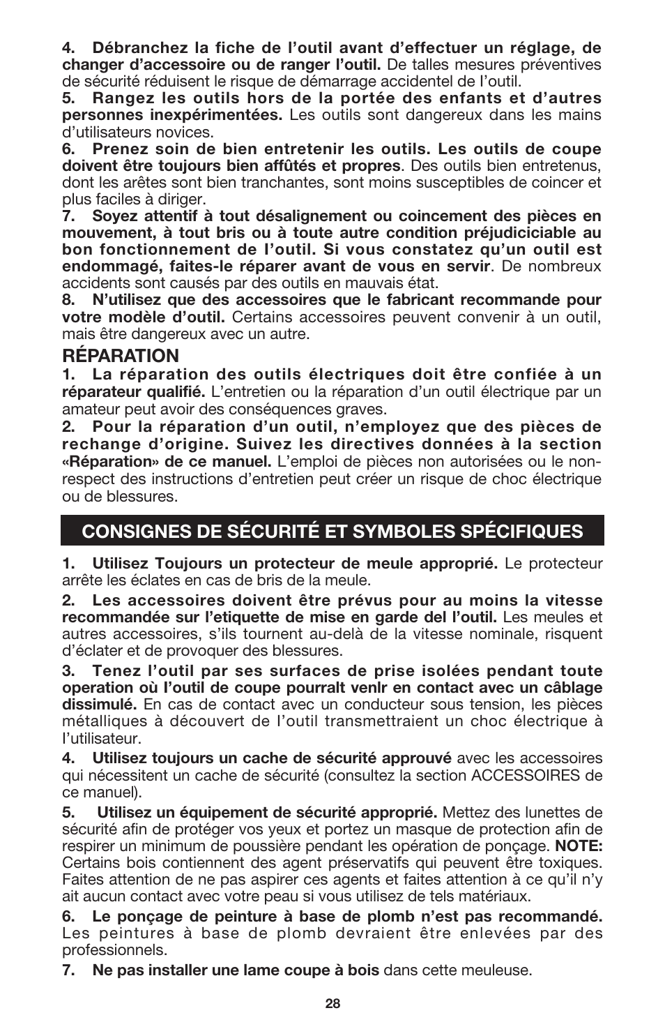 Réparation, Consignes de sécurité et symboles spécifiques | Porter-Cable 7416 User Manual | Page 28 / 36