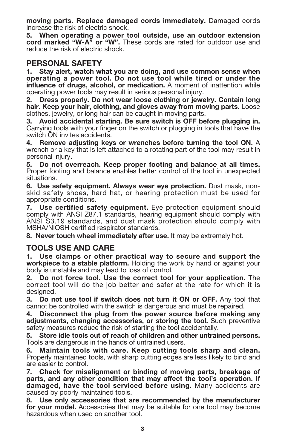 Personal safety, Tools use and care | Porter-Cable 7416 User Manual | Page 3 / 36