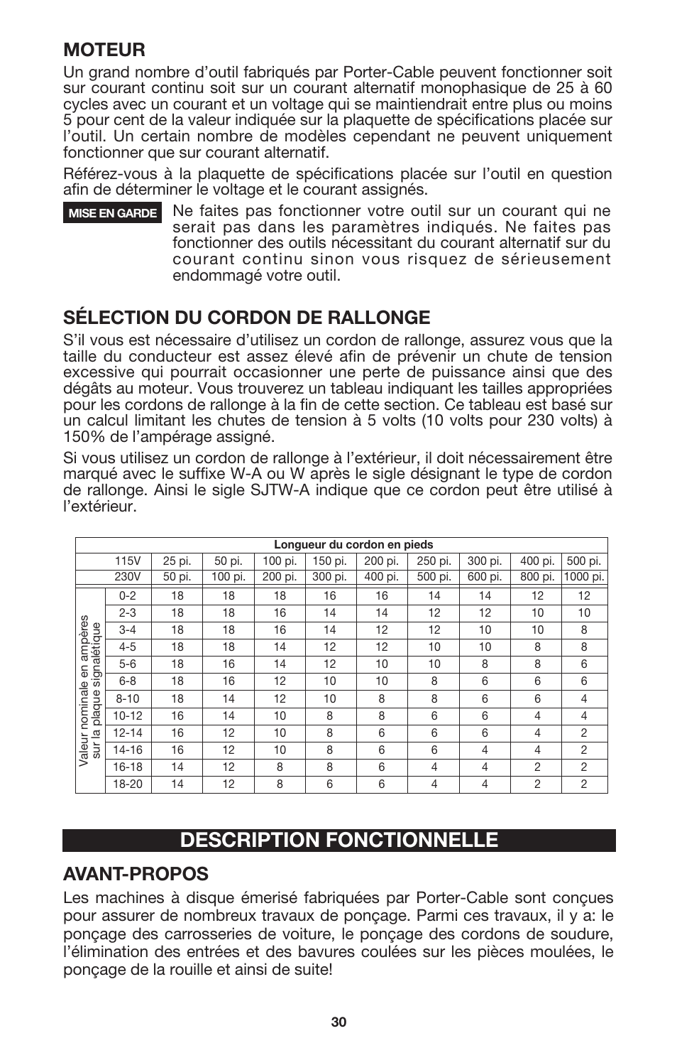 Description fonctionnelle, Moteur, Sélection du cordon de rallonge | Avant-propos | Porter-Cable 7416 User Manual | Page 30 / 36