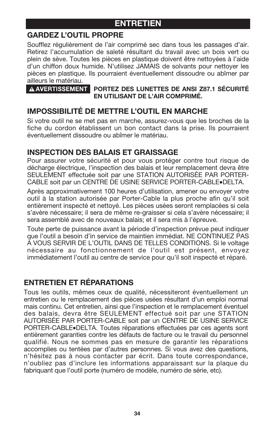 Entretien | Porter-Cable 7416 User Manual | Page 34 / 36