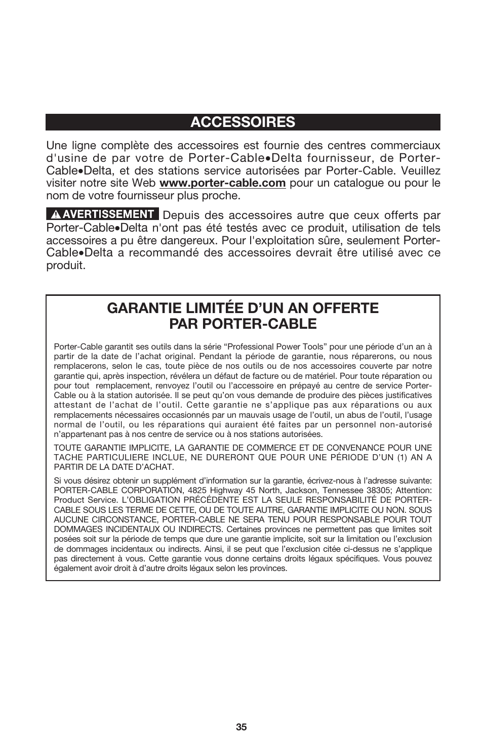 Accessoires, Garantie limitée d’un an offerte par porter-cable | Porter-Cable 7416 User Manual | Page 35 / 36