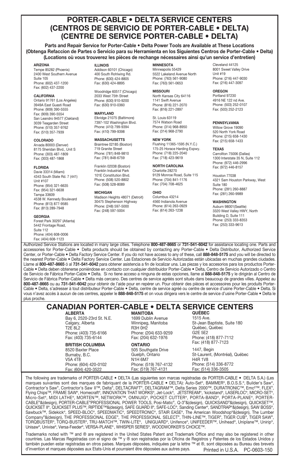 Canadian porter-cable • delta service centers | Porter-Cable 7416 User Manual | Page 36 / 36