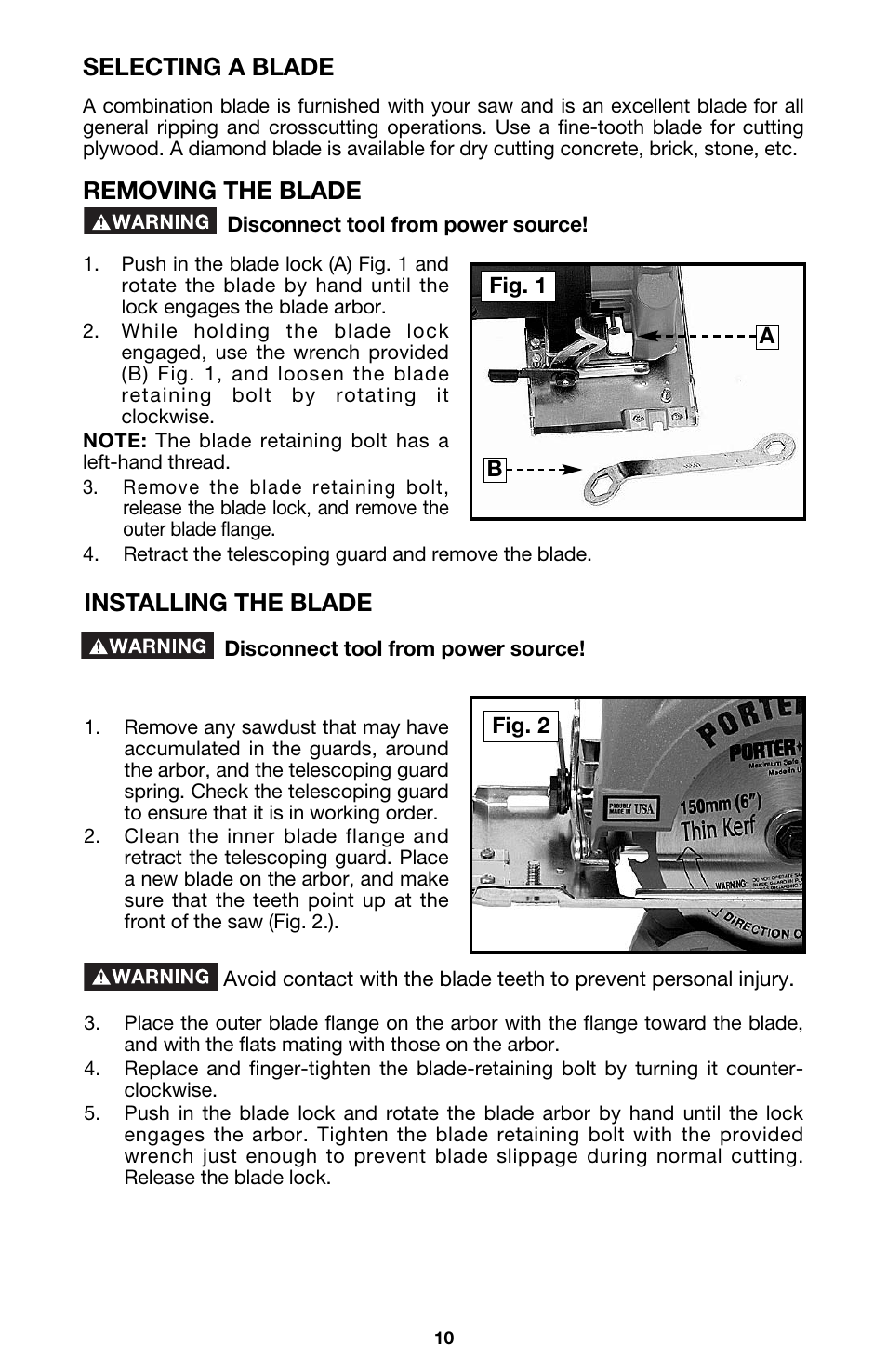 Selecting a blade, Removing the blade, Installing the blade | Porter-Cable 345 User Manual | Page 10 / 21