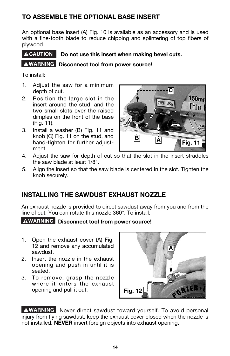 Installing the sawdust exhaust nozzle | Porter-Cable 345 User Manual | Page 14 / 21